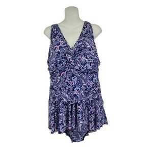 Alisha Levine Swimdress Women 22W Blue Pink Paisley V-Neck Skirted One Piece